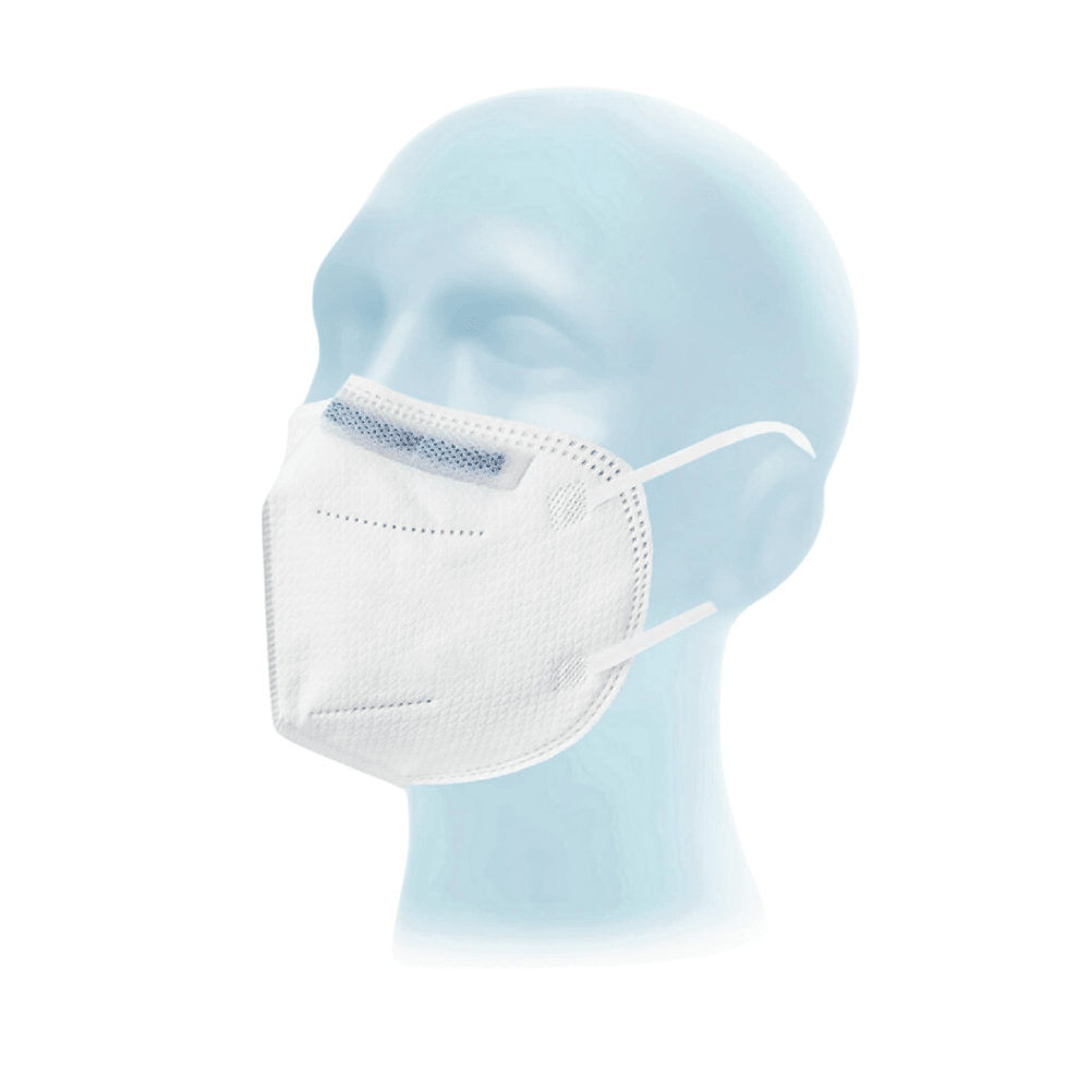 En la imagen se muestra una cabeza de maniquí de color azul claro con una mascarilla respiratoria Meditrade Respima FFP2 NR | Paquete (20 unidades) de Meditrade GmbH, con tiras para las orejas y una banda nasal azul sobre fondo blanco.