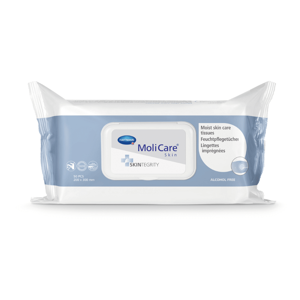 Paquete de toallitas húmedas para el cuidado de la piel MoliCare® Skin de Paul Hartmann AG, en un envase blanco y azul, etiquetado como «toallitas húmedas para el cuidado de la piel», sin alcohol, en formato 20x