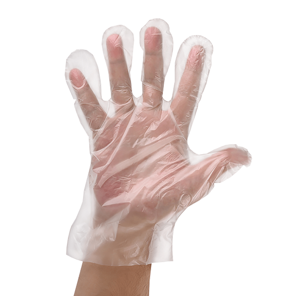 En la imagen se muestra una mano con guantes desechables de PE NITRAS, de MCD MEDICAL CARE DENTAL GmbH, sobre un fondo blanco. Los guantes transparentes de PE, conformes a la norma EN 1186, presentan un aspecto ligeramente rizado y holgado, ya que se ajustan al contorno de la palma de la mano.