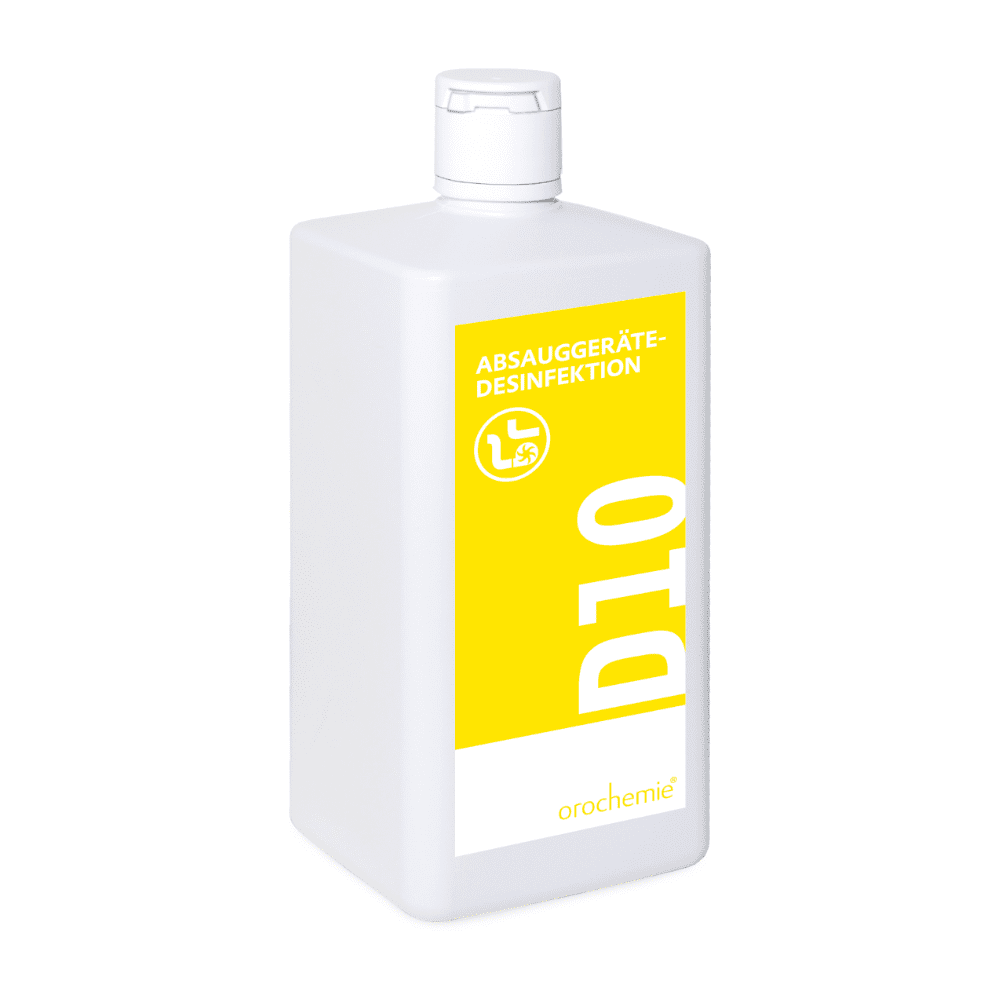 Orochemie D 10, desinfectante para aparatos de aspiración, también apto para inhaladores (botella de 1 l), de orochemie GmbH + Co KG: desinfectante sin aldehídos, presentado en una botella de plástico blanca con una etiqueta amarilla con la inscripción «D10», destinado a aparatos de aspiración e inhaladores.