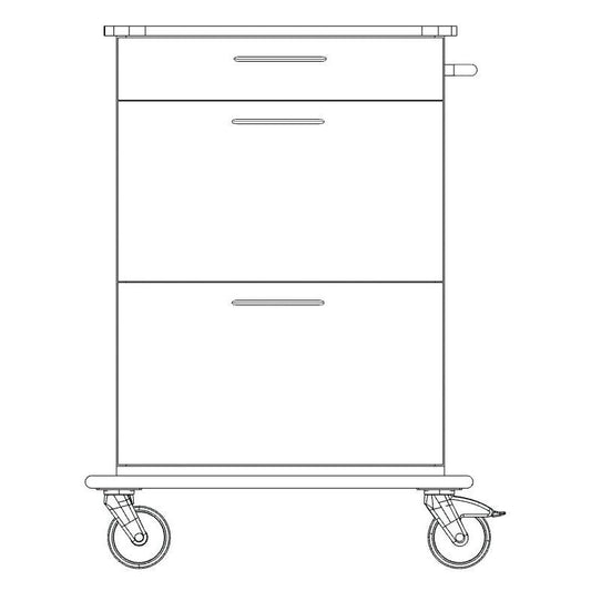 Frontansicht des Novocal Pflege- und Arbeitswagens: mit zwei großen Schubladen, einer kleinen Schublade, Vollkunststoffplattform, vier Lenkrollen und einem Griff auf der rechten Seite.
