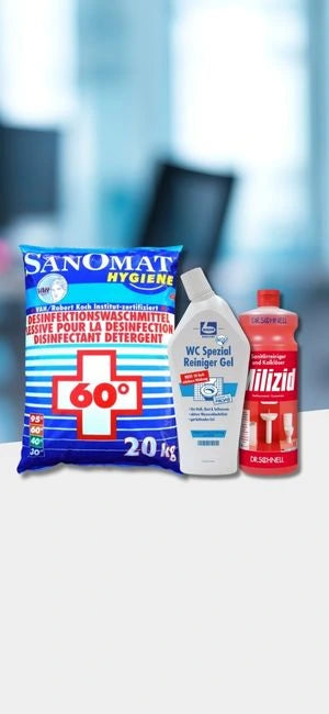 Reinigungs- und Desinfektionsmittel für Sanitär- und WC-Bereiche mit Waschmittel, WC-Reiniger und Entkalker in professioneller Umgebung.