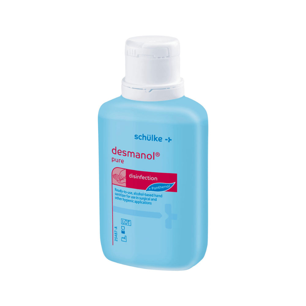 A bottle of Schülke Desmanol® Pure Hand Sanitizer from Schülke & Mayr GmbH. The bottle is blue, with a white cap, and features instructions for use and brand logos.