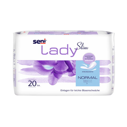 Eine 20er-Packung Seni Lady Slim Normal Einlagen der TZMO Deutschland GmbH präsentiert sich in einer weiß-violetten Verpackung mit Blumenmotiv, deutschen Produktdetails und Geruchsstopp bei leichter Blasenschwäche.