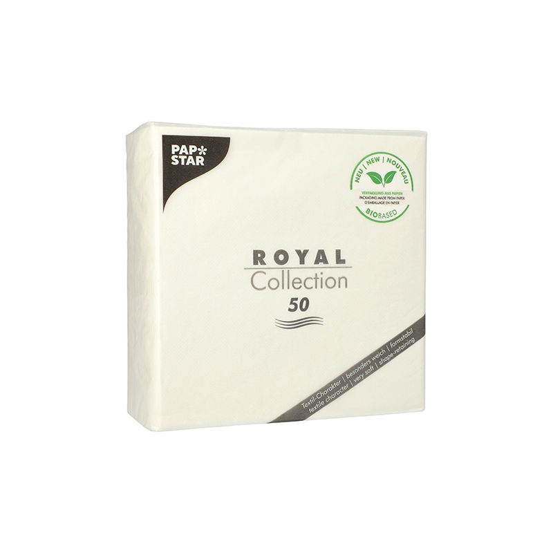 Un paquete PAPSTAR Las servilletas «ROYAL Collection», con pliegue en cuarto, contienen 50 unidades y son ideales para la decoración de su mesa. El envase cuenta con una etiqueta ecológica con un diseño de hoja que indica que son 100 % compostables. Estas servilletas blancas, fabricadas por la PAPSTAR GmbH, presentan una imagen de marca sencilla y elegante.