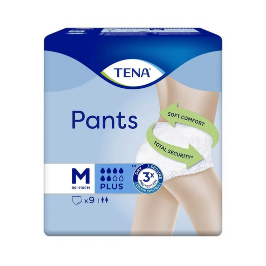 Abbildung einer Packung TENA Pants Plus ConfioFit Inkontinenzpants von TENA - Essity Germany GmbH, mittlere Größe 80-110 cm, mit Plus-Saugfähigkeit. Die Verpackung zeigt eine Person, die die Pants trägt, und betont „Soft Comfort“ und „Total Security“ für einen wirksamen Schutz vor Blasenschwäche. Enthält 9 Stück.