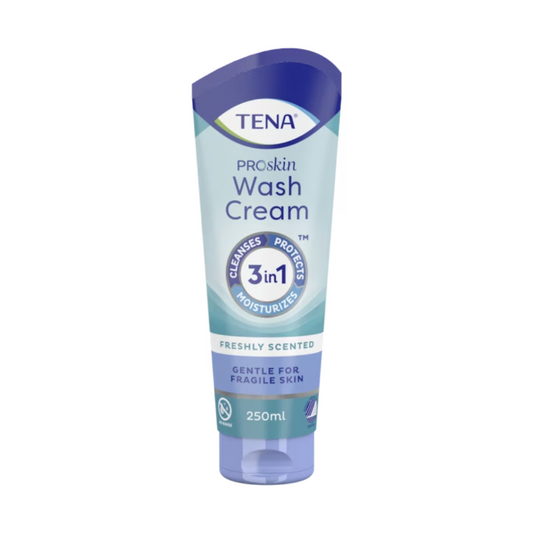 Die 250-ml-Tube TENA Wash Cream Hautpflege 3in1 von TENA – Essity Germany GmbH bietet erstklassige Hautpflege durch Reinigung, Schutz und Feuchtigkeitsversorgung. Perfekt für empfindliche Haut, bietet es einen erfrischenden Duft, der das Pflegeerlebnis noch verstärkt.