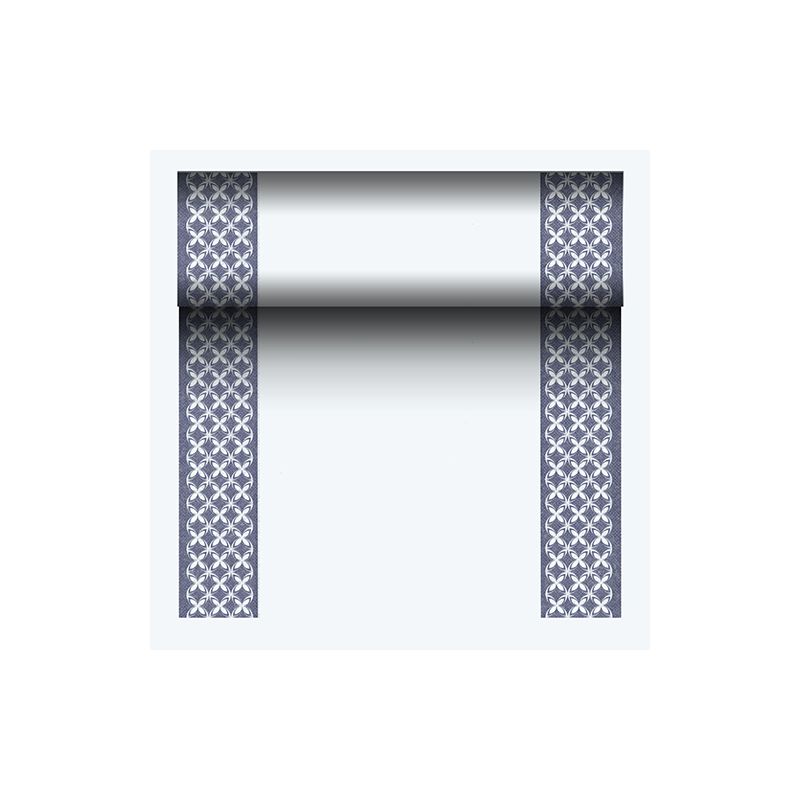 El PAPSTAR Caminos de mesa con aspecto de tela, mezcla de PV-Tissue, «ROYAL Collection» de PAPSTAR GmbH, está confeccionado con una mezcla de alta calidad de celulosa, viscosa y tejido de papel. Presenta dos estrechos bordes de color azul oscuro con un motivo repetitivo en forma de X, sobre un elegante fondo blanco. Perfecto para aportar un toque de elegancia a cualquier ambiente.