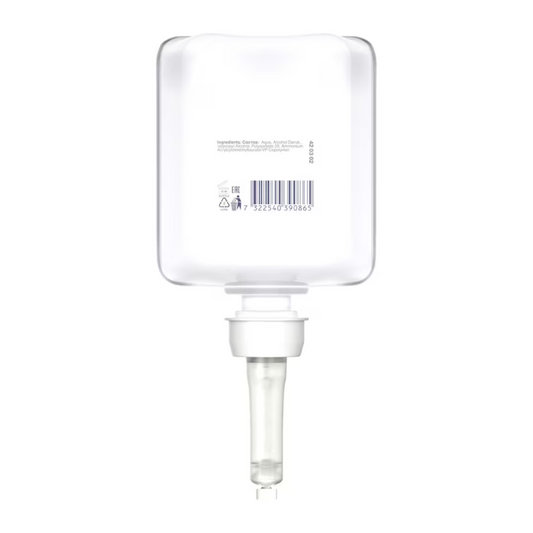 Der Tork 420302 Toilettensitzreiniger Premium von TORK – Essity Professional Hygiene Germany GmbH ist mit einer transparenten, rechteckigen Flasche ausgestattet, die unten über eine Pumpdüse verfügt, um optimale Hygiene zu gewährleisten. Jede Flasche enthält einen Strichcode und ein Textetikett mit detaillierten Inhaltsstoffen und Gebrauchsanweisungen, wodurch Kreuzkontaminationen bei jedem Gebrauch wirksam verhindert werden.