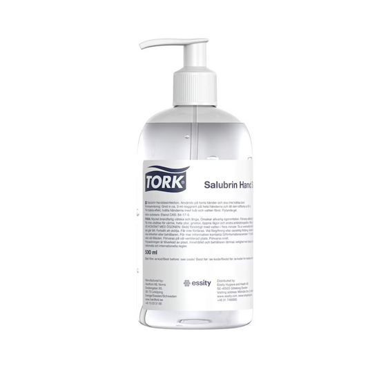 Das Tork 911103 Salubrin Händedesinfektionsgel Premium, erhältlich im Karton mit acht Flaschen, ist eine durchsichtige Kunststoff-Pumpflasche mit 350 ml Händedesinfektionsgel mit 70% Alkohol für eine effektive Anwendung. Mit seiner mehrsprachigen Beschriftung und der weißen Kappe und Pumpe wird dieses Produkt von Essity Professional Hygiene Germany GmbH unter dem Markennamen TORK vertrieben. Es ist für die wirksame Bekämpfung behüllter Viren konzipiert.