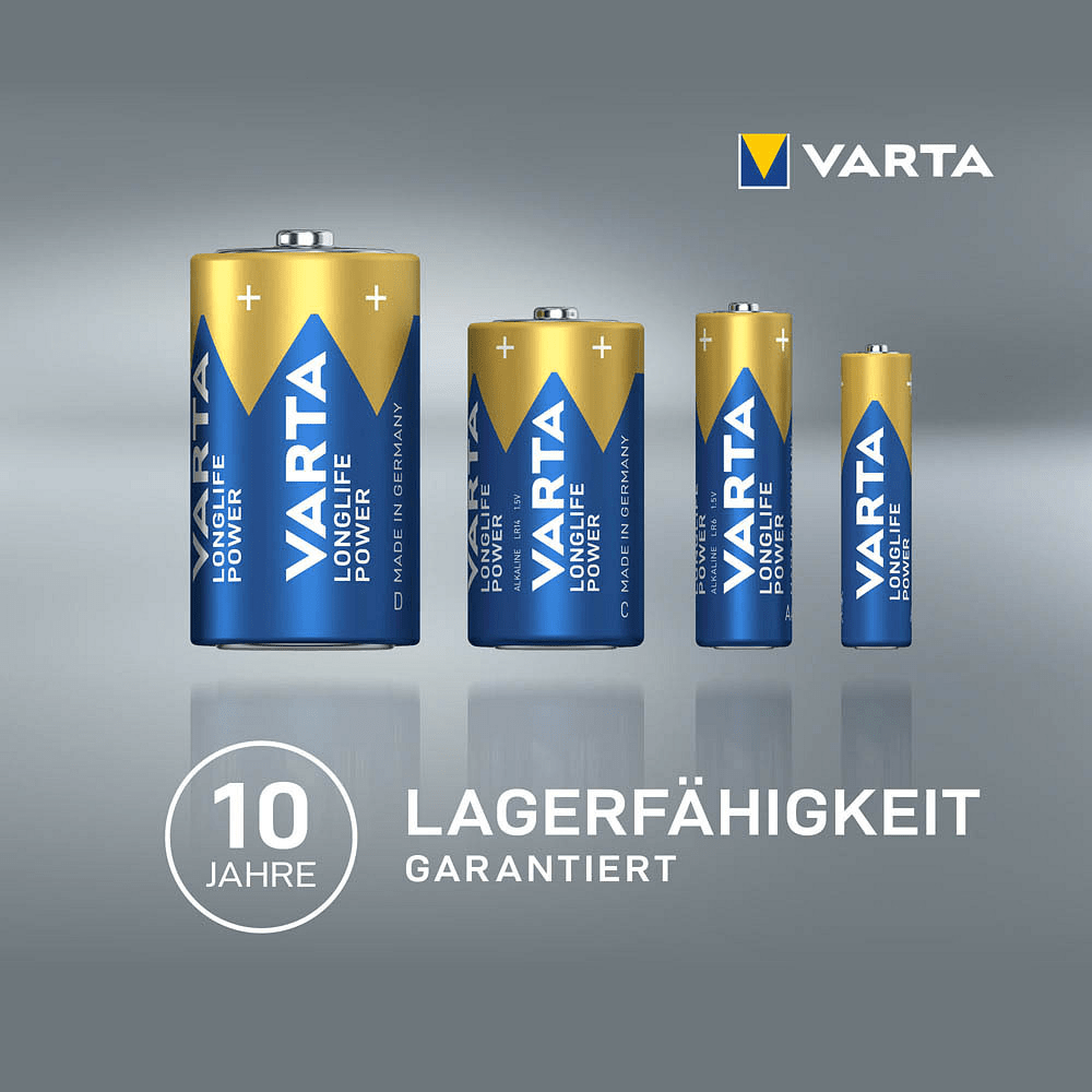Cuatro pilas Varta Longlife Power Micro AAA 4903 LR03, ordenadas de mayor a menor, con la inscripción «10 años de vida útil garantizados».