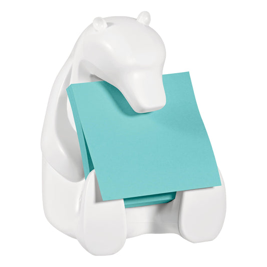 Der weiße, bärenförmige Post-it® Z-Notes Dispenser der 3M Deutschland GmbH hält blaue Super Sticky Z-Notes (76x76 mm, 45 Blatt/Block, 2 Blöcke/Packung) aufrecht zwischen seinen Pfoten.