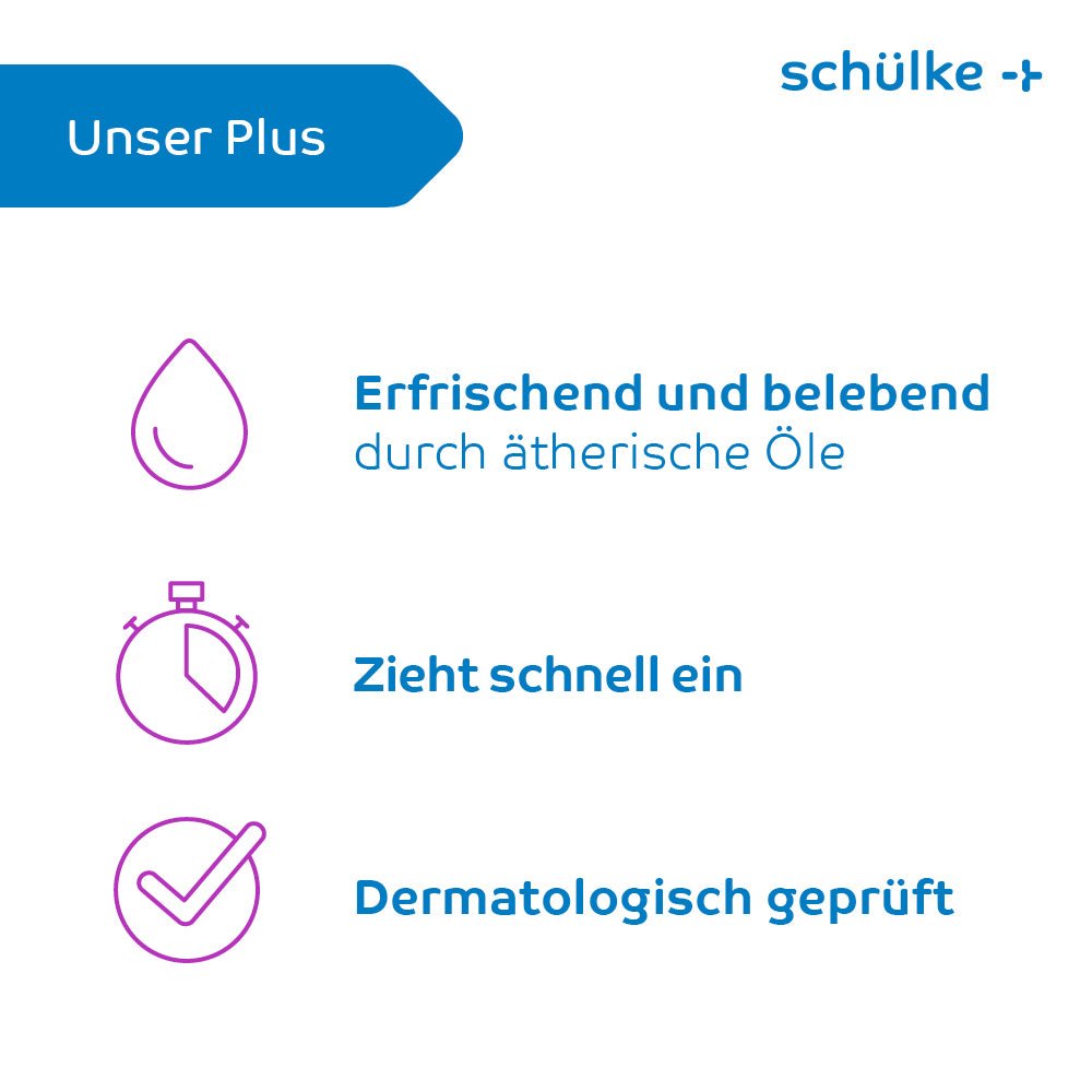 Una imagen con texto en alemán correspondiente a la presentación de Schülke & Mayr GmbH, Schülke esemtan® active Gel - 500 ml | botella (500 ml) y tres símbolos. El primer símbolo es una gota con la inscripción «Refrescante y revitalizante gracias a los aceites esenciales». El segundo símbolo es un cronómetro con la inscripción «Se absorbe rápidamente». El tercer símbolo es una marca de verificación con la inscripción «Testado dermatológicamente».