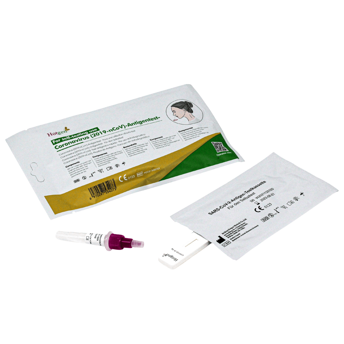 El kit de autodiagnóstico rápido de antígenos del SARS-CoV-2 CE0123 de la marca Hotgen contiene una prueba por envase, una tira reactiva sellada, un frasco pequeño con tapón violeta y un folleto de instrucciones con detalles en verde y amarillo.