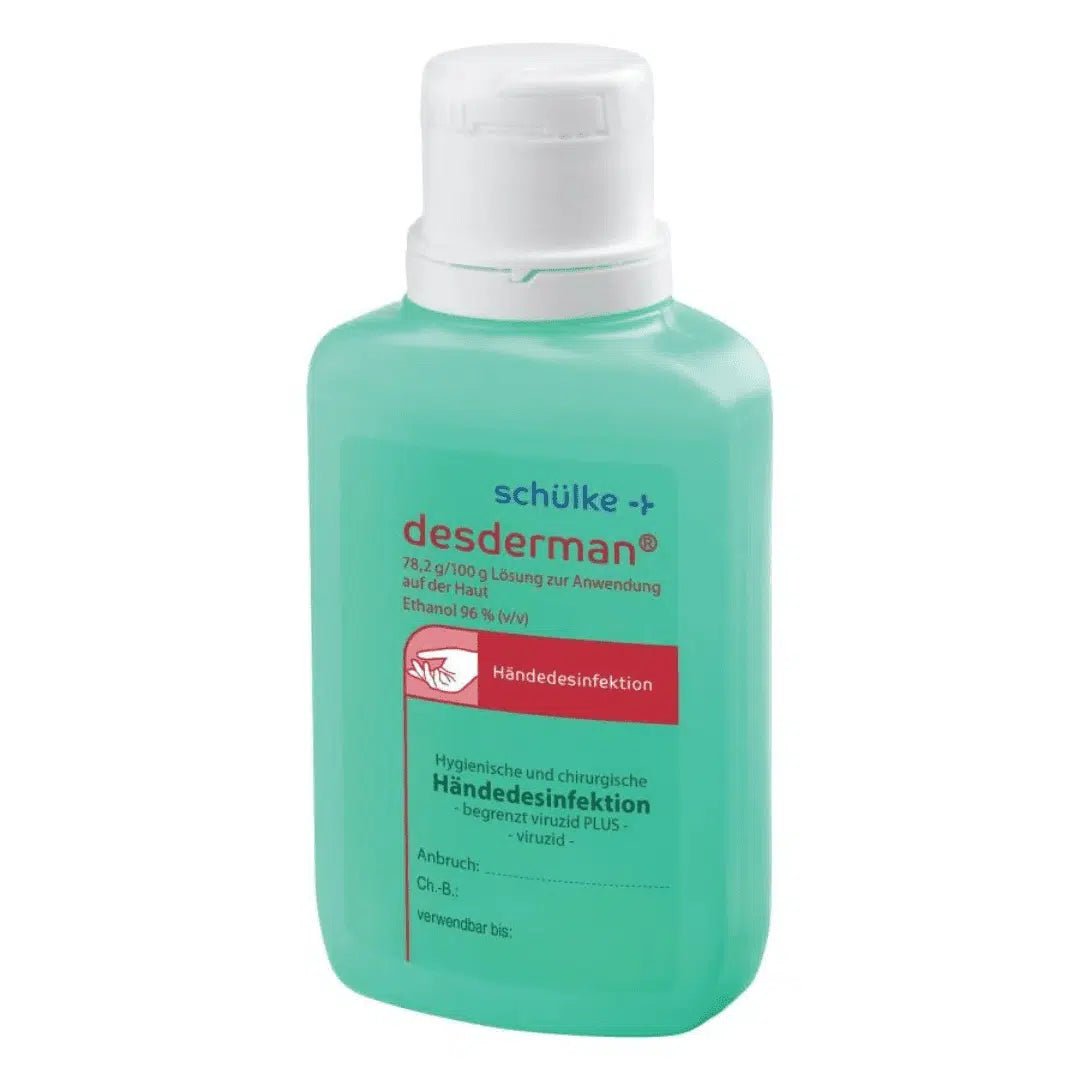 Un frasco de desinfectante de manos Schülke desderman® con etiqueta turquesa y tapón blanco, con texto y gráficos que indican su uso para la desinfección virucida de las manos, contiene 78,2 g de etanol por