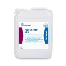 White 5-liter plastic container "Dr. Schumacher PERFEKTAN® NEU" by Dr. Schumacher GmbH with multilingual text, blue label, and white screw cap - ideal for hygienic environments and effective surface disinfection.