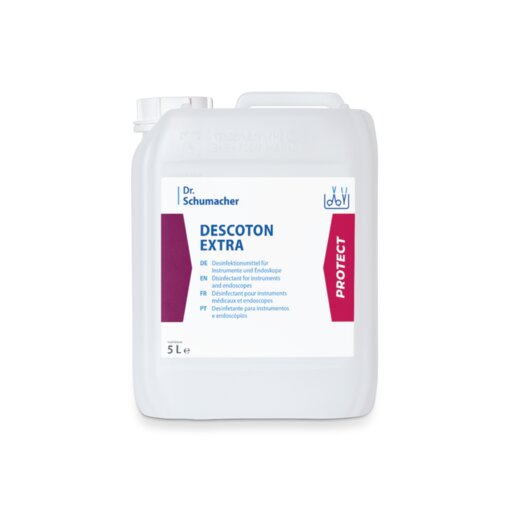 Un contenedor de plástico blanco de 5 litros de Dr. Schumacher GmbH DESCOTON EXTRA desinfectante para instrumentos quirúrgicos y endoscopios, con un asa y una etiqueta azul y blanca con acentos rojos.