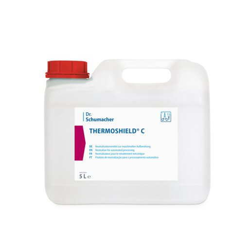 Weißer 5-Liter-Kunststoffkanister mit rotem Deckel und der Aufschrift "Dr. Schumacher THERMOSHIELD C | Kanister (5 l)" der Dr. Schumacher GmbH, mit blau-weißem, mehrsprachigem Etikett für die professionelle Flächendesinfektion.