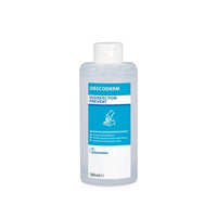 Dr. Schumacher DESCODERM Hand Sanitizer in a 500-ml clear plastic bottle with a white flip-top cap and a blue-and-white label featuring product information and a hand sanitizing diagram for hand sanitization by Dr. Schumacher GmbH.
