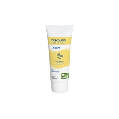 A 100 ml tube of Dr. Schumacher DESCOLIND EXPERT LIGHT CREAM hand cream by Dr. Schumacher GmbH, with a white cap and yellow-blue label, stands upright against a white background - ideal for sensitive skin and hypoallergenic.