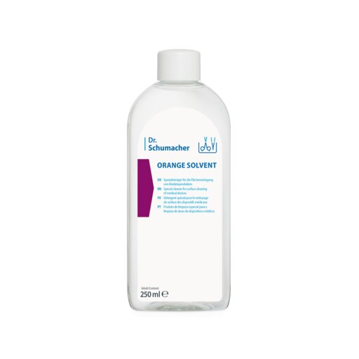 Eine 250-ml-Klarsichtflasche mit weißem Verschluss und blauer Aufschrift "Dr. Schumacher ORANGE SOLVENT Instrumentenreiniger" der Dr. Schumacher GmbH ist ideal für die Reinigung von Medizinprodukten (Orangenöl Reiniger).
