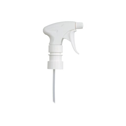 A white Dr. Schumacher GmbH spray pump with trigger nozzle (1 piece) and long dip tube, ideal for applying liquids, isolated on a plain white background.