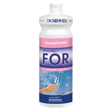 Eine 1-Liter-Flasche Dr. Schnell FOR Handspülmittel der DR.SCHNELL GmbH & Co. KGaA, ein konzentriertes Geschirrspülmittel mit rosa und blauem Etikett, Hand, Blasen, weißem Verschluss und DR.SCHNELL Branding.