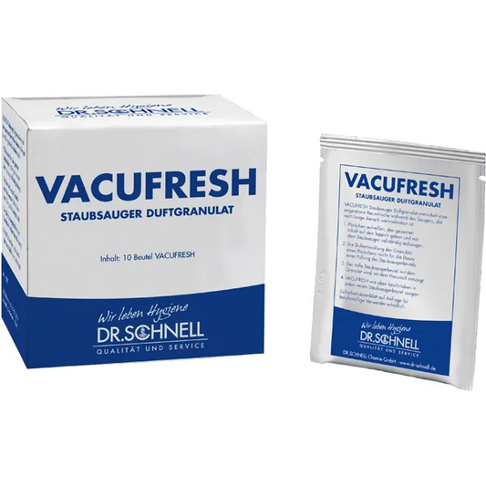 Ein 5g-Beutel Dr. Schnell VACUFRESH Duftgranulat für Staubsauger von DR.SCHNELL GmbH & Co. KGaA in weiß-blauer Verpackung mit deutschem Text für frische Raumluft und Staubsaugerduft.