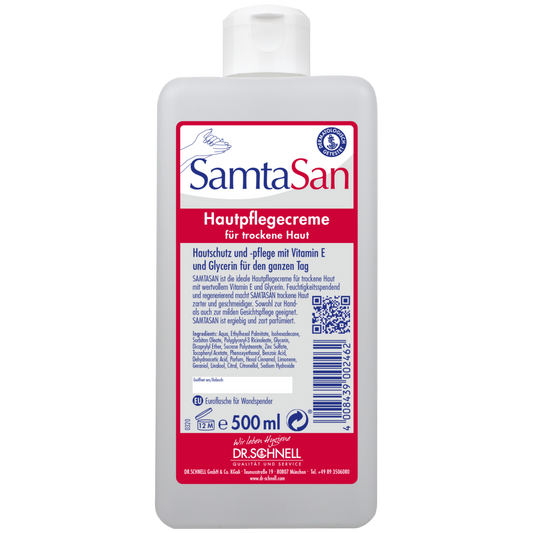 Die 500 ml DR.SCHNELL GmbH & Co. KGaA Dr. Schnell SAMTASAN Spenderflaschen ist eine weiße Pflegecreme für trockene Haut, mit Flip-Top-Verschluss und deutschem Etikett, ideal für die professionelle Reinigung und die Verwendung mit Reinigungsgeräten.