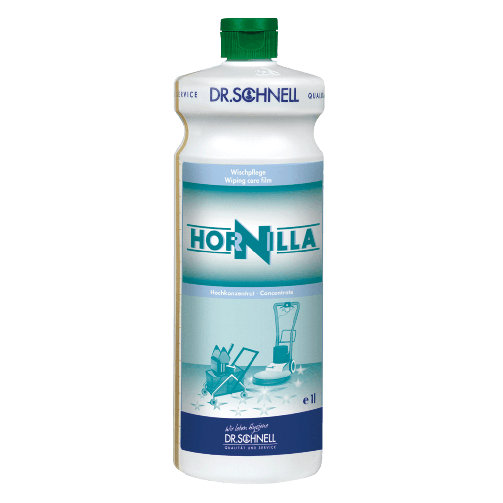 Una botella blanca de 1 litro Dr. Schnell HORNILLA de DR.SCHNELL GmbH & Co. KGaA, con tapa verde, etiqueta azul y azul verdoso con imágenes de equipos de limpieza, desarrollada para una limpieza profesional potente.