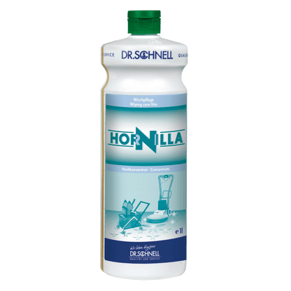 Una botella blanca de 1 litro Dr. Schnell HORNILLA de DR.SCHNELL GmbH & Co. KGaA, con tapa verde, etiqueta azul y azul verdoso con imágenes de equipos de limpieza, desarrollada para una limpieza profesional potente.