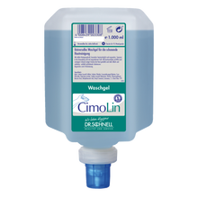 Eine 1.000 ml Dr. Schnell CIMOLIN Spenderflaschen Hautreinigung der DR.SCHNELL GmbH & Co. KGaA, blaues Waschgel mit weiß-blauem Etikett und Spenderkappe, für die sanfte Hautpflege und Reinigung.