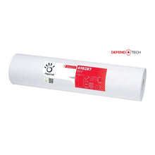 Eine Rolle Papernet 419287 Ärzterollen Liegenabdeckung von Sofidel Germany GmbH hat ein rotes Etikett mit Produktinformationen, einem QR-Code, Diagrammen, dem Logo von Defend Tech Technologie oben rechts und einem antibakteriellen Wirkstoff für verbesserte Hygiene.