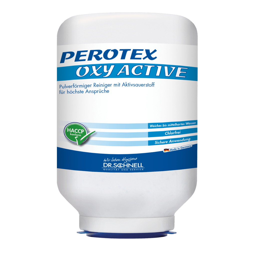 Un cartucho blanco de 3 kg con la etiqueta "PEROTEX OXY ACTIVE" de DR.SCHNELL GmbH & Co. KGaA es un detergente profesional para lavavajillas con oxígeno activo, certificación HACCP e instrucciones en alemán para máquinas comerciales.