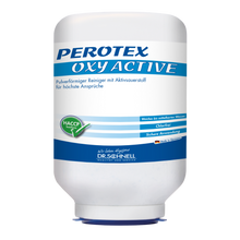 Eine weiße 3 kg-Kartusche mit der Bezeichnung "PEROTEX OXY ACTIVE" der DR.SCHNELL GmbH & Co. KGaA ist ein professionelles Geschirrspülmittel mit Aktivsauerstoff, HACCP-Zertifizierung und deutscher Anleitung für gewerbliche Maschinen.