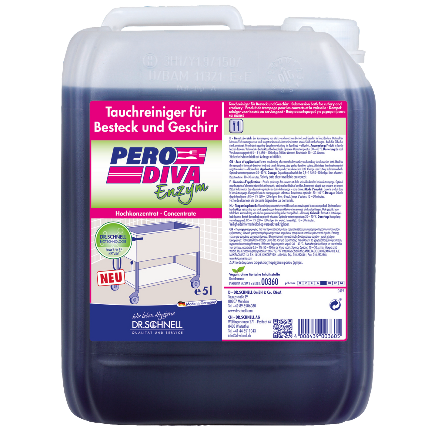 Ein 5-Liter-Kunststoffbehälter des Dr. Schnell PERO DIVA Tauchbadreinigers für Küchen- und Lebensmittelhygiene der DR.SCHNELL GmbH & Co. KGaA, mit rosafarbenem und weißem Etikett mit Produktinformationen, Anweisungen und Bildern von glitzerndem Geschirr.