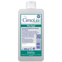 Una botella de 500 ml Dr. Schnell El frasco dispensador «CIMOLIN» para la limpieza de la piel, de la empresa DR.SCHNELL GmbH & Co. KGaA, se mantiene en posición vertical, presenta una etiqueta predominantemente blanca con detalles en azul y verde, un código QR y un tapón azul.