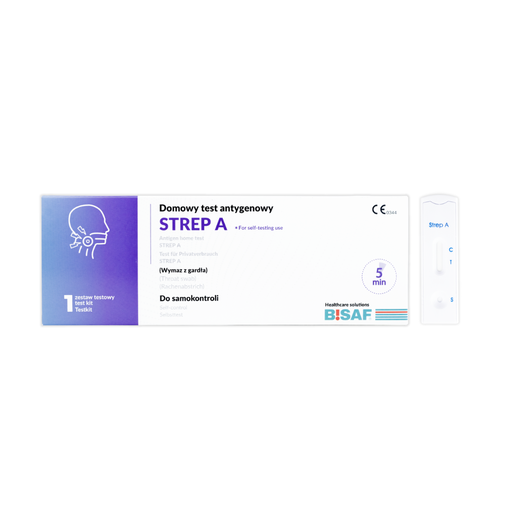Eine rechteckige Schachtel mit der Aufschrift "Strep A - Bisaf Selftest | Packung (1 Stück)" von Altruan, mit einer polnischen Anleitung, einer Grafik für Kopf und Rachen und einer Strep-A-Testkassette. Das BISAF-Logo befindet sich in der unteren rechten Ecke.