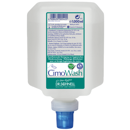Ein weißer Kunststoffbehälter mit 1.000 ml der Dr. Schnell CIMOWASH Antimikrobielle Waschlotion der DR.SCHNELL GmbH & Co. KGaA, mit blauem Verschluss und grün-weißem Etikett mit mehrsprachiger Gebrauchsanweisung.