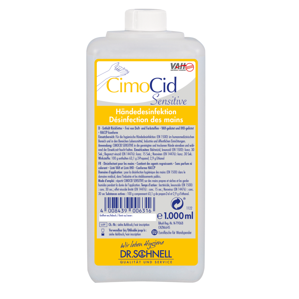 Eine 1-Liter-Rechteckflasche Dr. Schnell CIMOCID SENSITIVE Händedesinfektion der DR.SCHNELL GmbH & Co. KGaA mit deutscher und französischer Gebrauchsanweisung auf einem weiß-gelben Etikett und weißem Verschluss zur effektiven Keimreduktion.