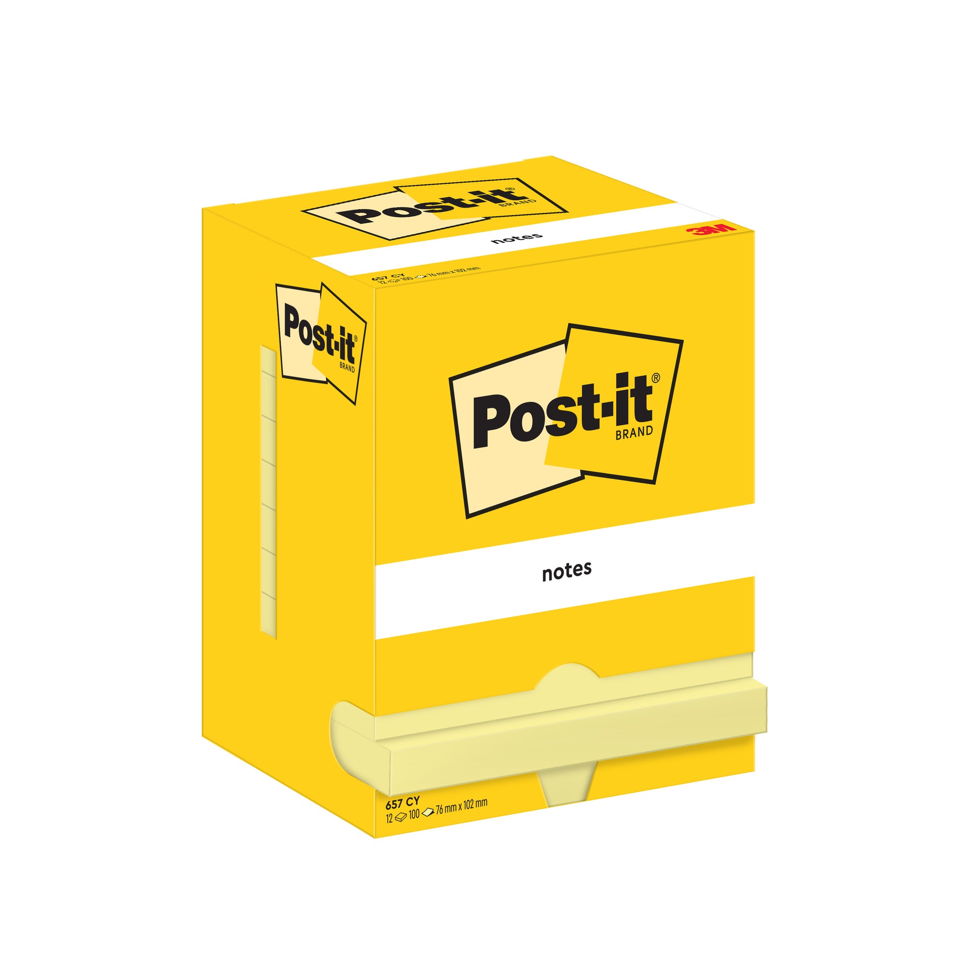 Eine gelbe Post-it® Notes Box (76x102 mm, 100 Blatt/Block, 12 Blöcke/Packung) verfügt über einen Spenderschlitz mit sichtbaren Notizen und zeigt das schwarz-gelbe Post-it Logo. Umweltfreundlicher Karton von 3M Deutschland GmbH, 100% PEFC-zertifiziert.