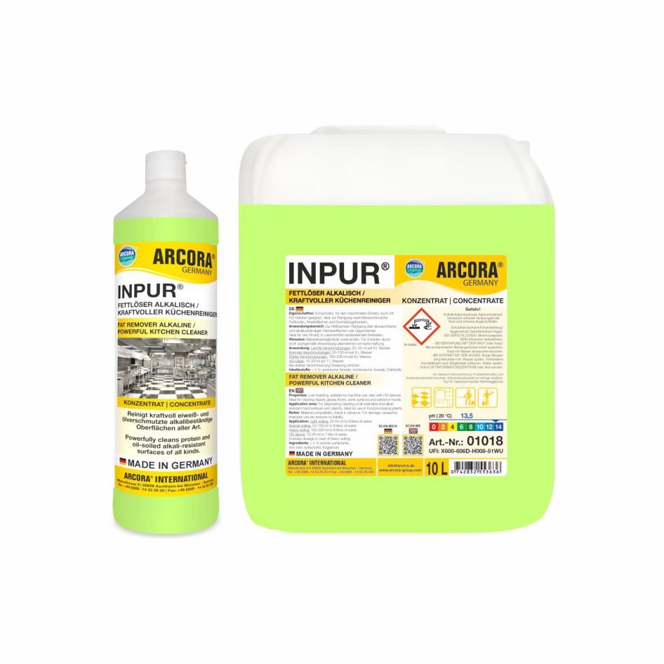 Dos Arcora INPUR DESENGRASANTE ALCALINO / POTENTE LIMPIADOR DE COCINA de Arcora International GmbH: una botella blanca con tapa amarilla y etiqueta y un gran jarra transparente de 10L en color amarillo-verde. Fórmula alcalina para la potente limpieza de cocinas.