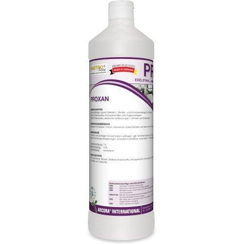Eine weiße Kunststoffflasche der Arcora International GmbH mit der Aufschrift "Arcora proxan", deutschem Text und violetten Akzenten, wird als effektiver Edelstahl-, Armaturen- und Gerätereiniger (1L, 12er-Pack) beschrieben.