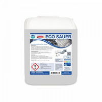 Un bidón blanco de 10 litros con la inscripción «Arcora Eco Sauer Detergente para vajilla 'Sauer'», de Arcora International GmbH, contiene información sobre el producto, símbolos de peligro, instrucciones de uso, imágenes de vajilla limpia y una etiqueta de color azul grisáceo, respetuosa con el medio ambiente, con diversos símbolos.