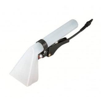 The Arcora upholstery adapter made of plastic by Arcora International GmbH is a handheld device with a transparent plastic nozzle, black trigger handle, and hose for cleaning carpets and upholstery - perfect for furniture upholstery.
