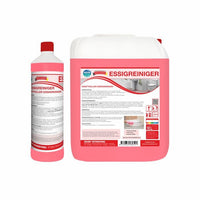 Two containers of Arcora International GmbH’s Arcora VINEGAR CLEANER POWERFUL VINEGAR CLEANER—a 1-liter bottle and a 10-liter jug—are shown in white with red labels in German. This powerful cleaner effectively removes limescale.