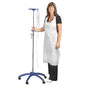 A woman in black clothing smiles while holding an IV pole. She is wearing the Altruan Clinhand women's disposable aprons, 120cm (50 pieces). The white disposable apron stands out against the plain background.