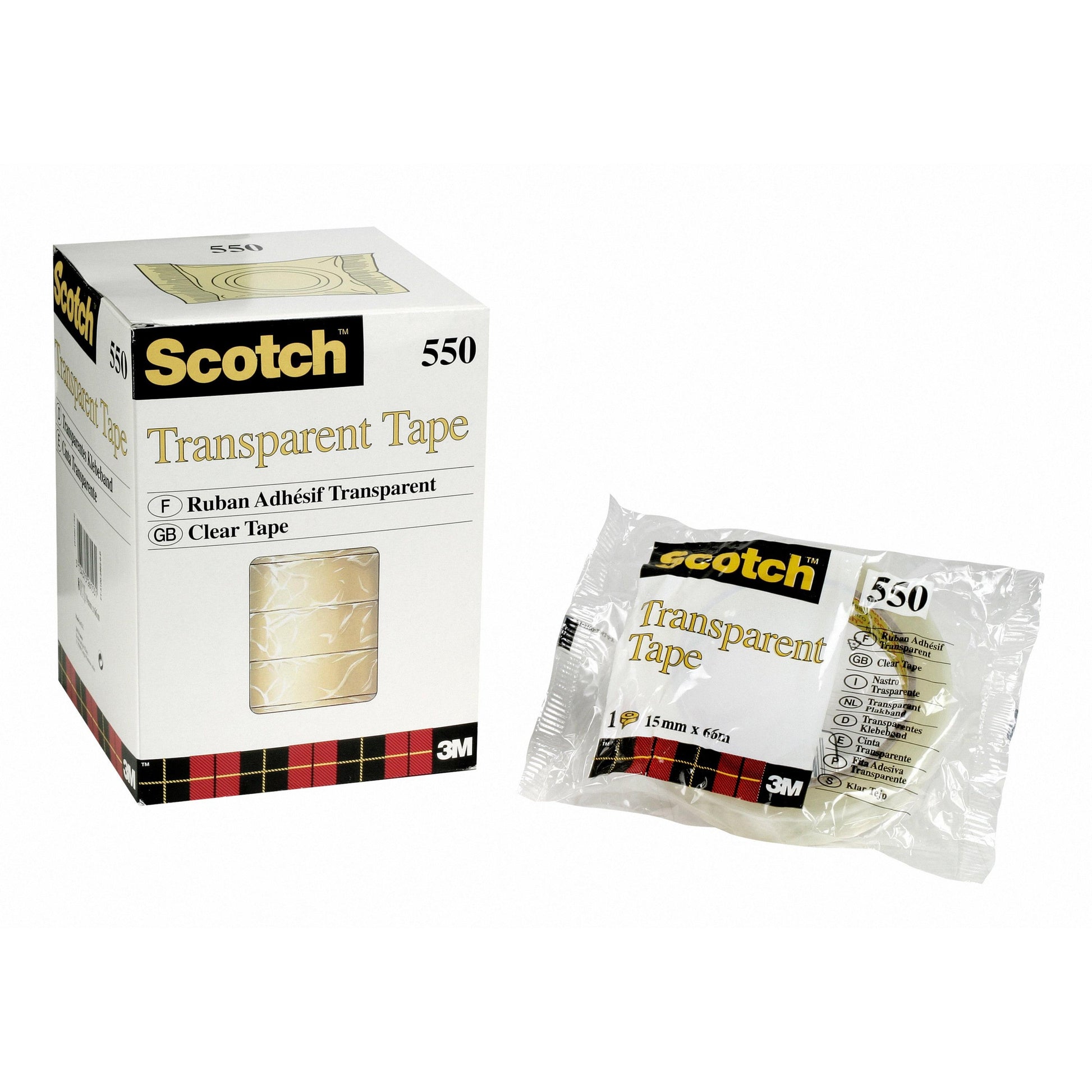 Eine Schachtel und eine einzelne Rolle Scotch® Transparentes Klebeband 550 der 3M Deutschland GmbH sind nebeneinander abgebildet, beide mit dem Scotch-Logo, Produktangaben und einem rot-schwarzen Schottenmuster auf der Verpackung.