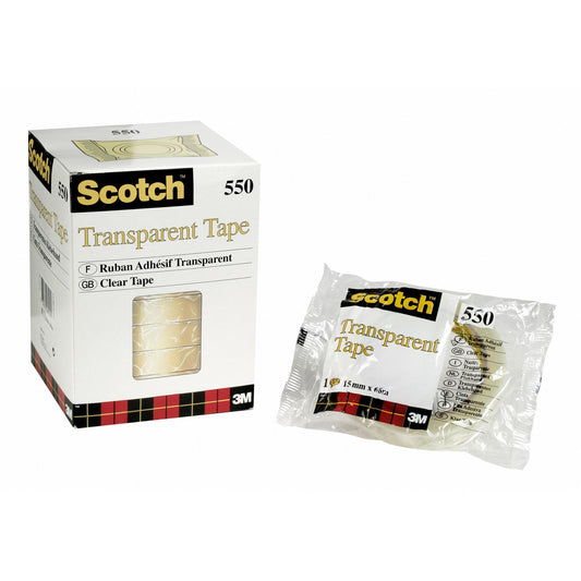 Eine Schachtel und eine einzelne Rolle Scotch® Transparentes Klebeband 550 der 3M Deutschland GmbH sind nebeneinander abgebildet, beide mit dem Scotch-Logo, Produktangaben und einem rot-schwarzen Schottenmuster auf der Verpackung.