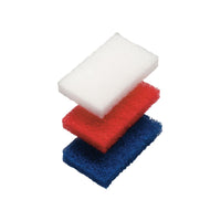 Three Haug scouring pads from Haug Bürsten The pads are stacked on top of each other: white on top, red in the middle, and dark blue on the bottom. These vibrant pads stand out stylishly against the plain white background and are ideal for any cleaning task. Product dimensions: 150 x 100 x 25 mm.